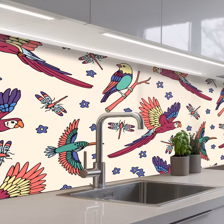 Patronen - Vintage - Vogels keuken achterwand 2 middel 871 -3d_schuin