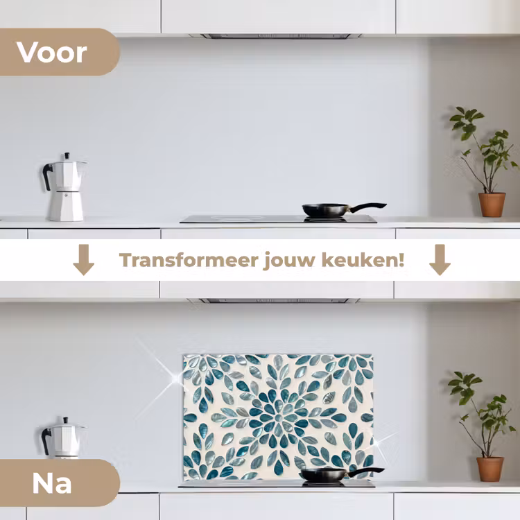 Patroon - Bladeren - Abstract - Modern - Turquoise keuken achterwand spatscherm klein -voor_na_NL