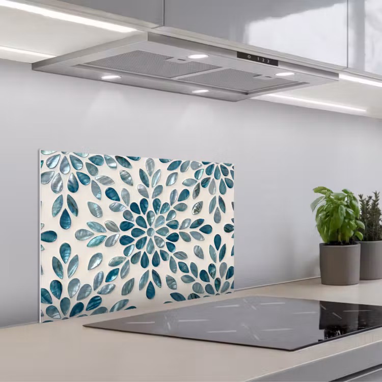 Patroon - Bladeren - Abstract - Modern - Turquoise keuken achterwand spatscherm klein -3d_schuin
