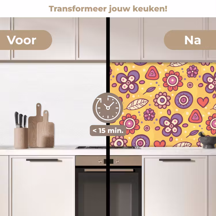 Patroon - Bloemen - Paars - Oranje keuken achterwand 2 middel 871 -voor-na2_NL