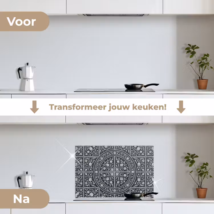 Patroon - Bloemmotief - Decoratie - Klassiek - Zwart keuken achterwand spatscherm klein -voor_na_NL