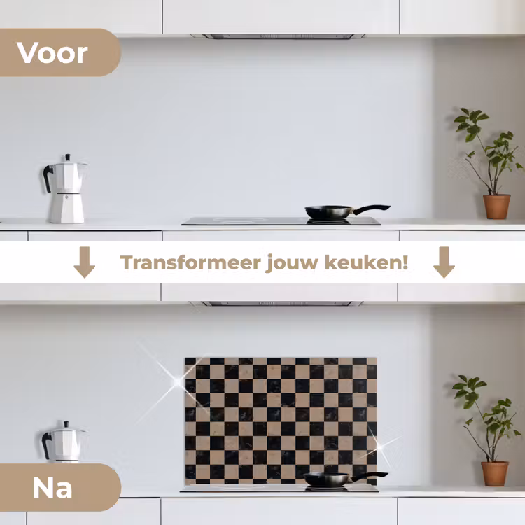 Patroon - Dambord - Marmer keuken achterwand spatscherm klein 900 -voor_na_NL