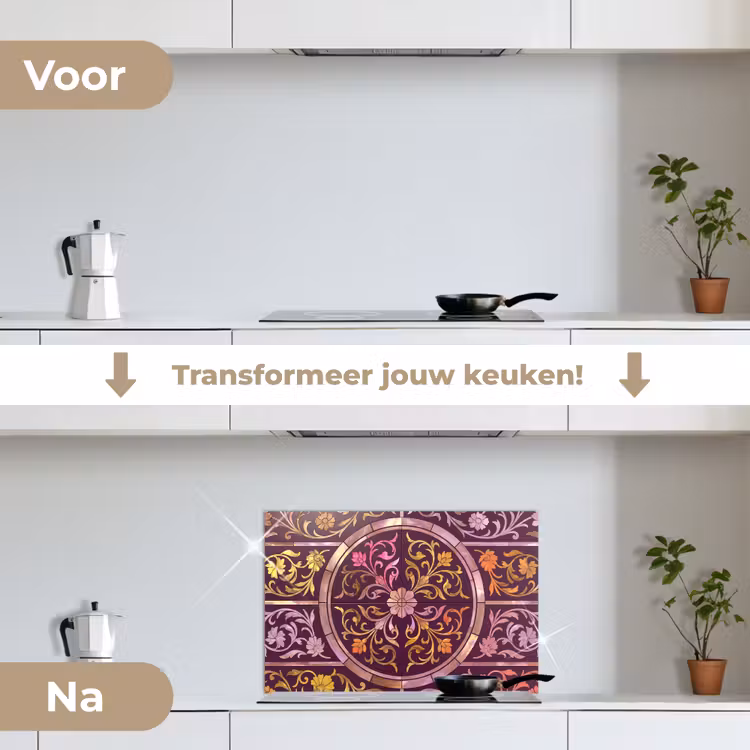 Patroon - Floraal - Oosters - Paars - Goud keuken achterwand spatscherm klein -voor_na_NL