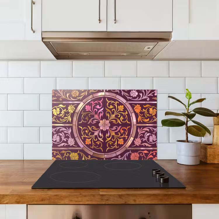 Patroon - Floraal - Oosters - Paars - Goud keuken achterwand spatscherm klein -sfeer2