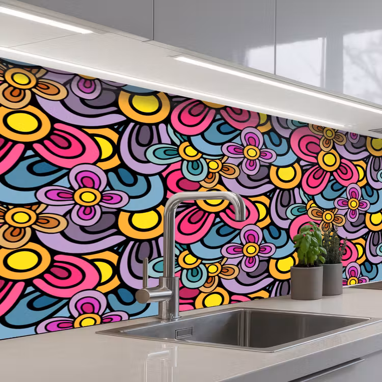 Patroon - Hippie - Bloemen - Paars keuken achterwand 2 middel 871 -3d_schuin