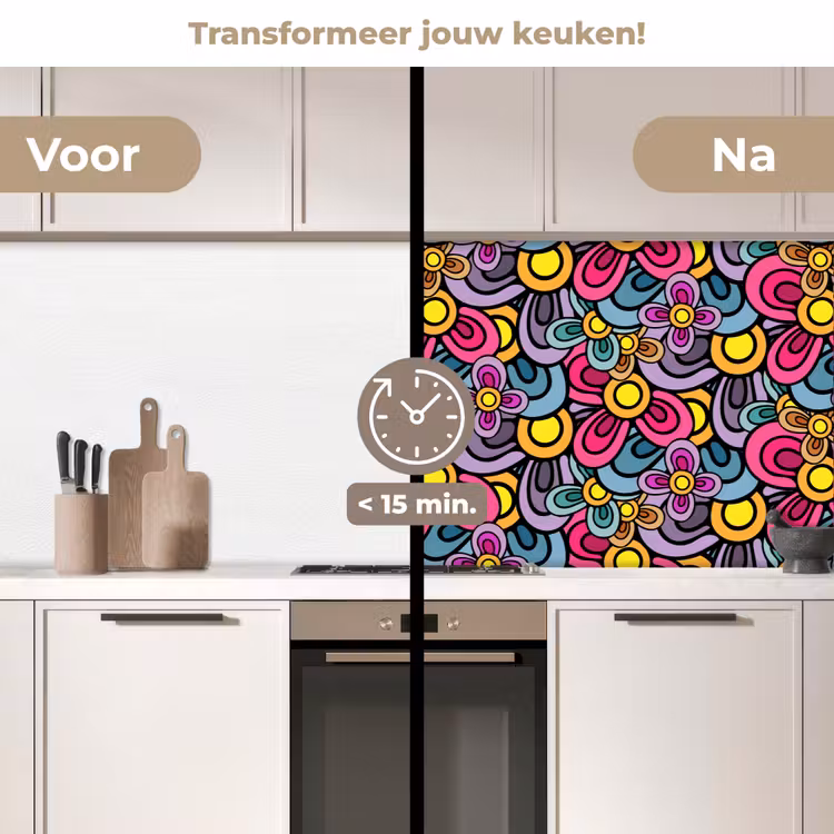Patroon - Hippie - Bloemen - Paars keuken achterwand 2 middel 871 -voor-na2_NL