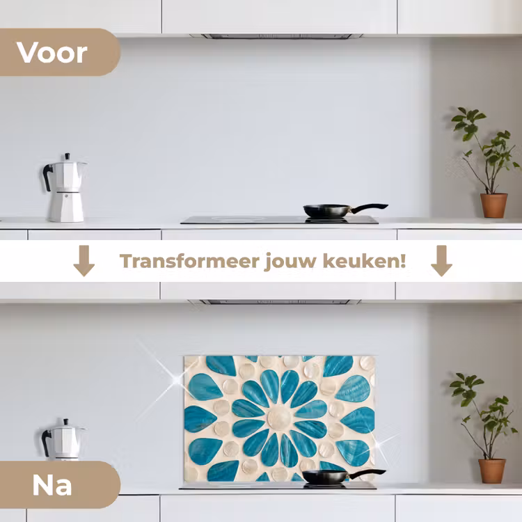 Patroon - Mozaïek - Schelpen - Abstract - Turquoise keuken achterwand spatscherm klein -voor_na_NL