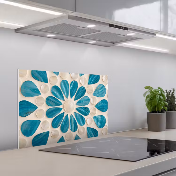 Patroon - Mozaïek - Schelpen - Abstract - Turquoise keuken achterwand spatscherm klein -3d_schuin