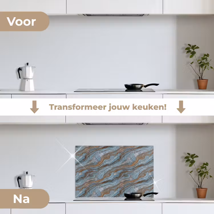 Patroon - Steen - Blauw keuken achterwand spatscherm klein 900 -voor_na_NL