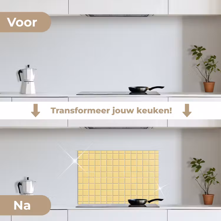 Patroon - Tegels - Geel keuken achterwand spatscherm klein 900 -voor_na_NL