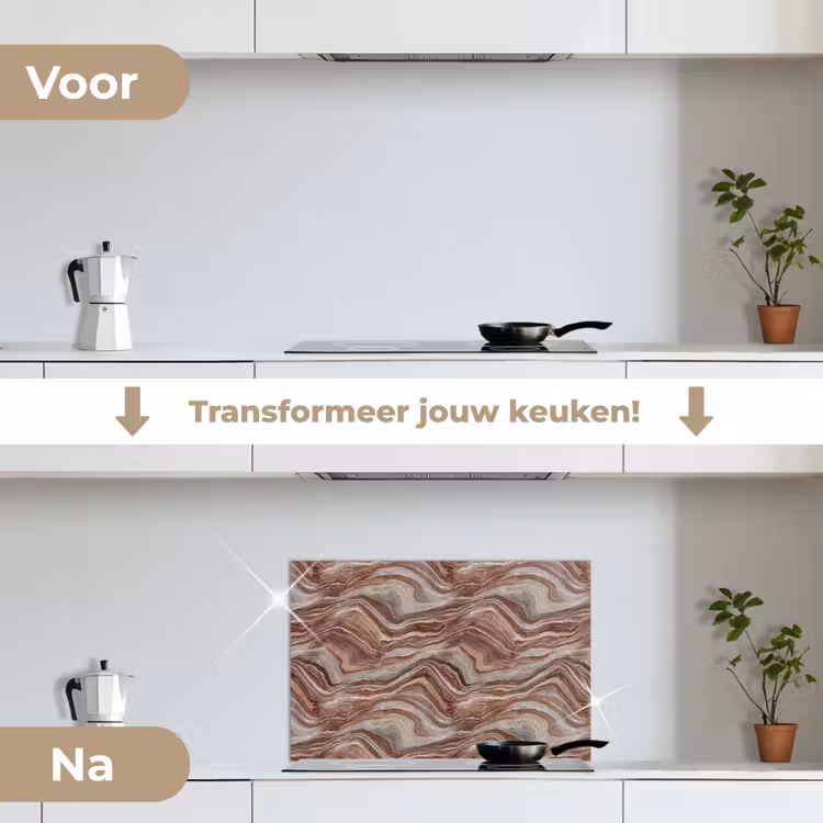 Patroon - Zandsteen - Travertijn keuken achterwand spatscherm klein 900 -voor_na_NL