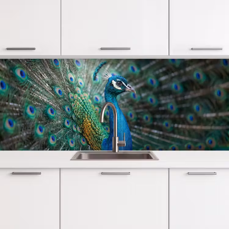 Pauw - Veren - Blauw keuken achterwand 2 middel -3d