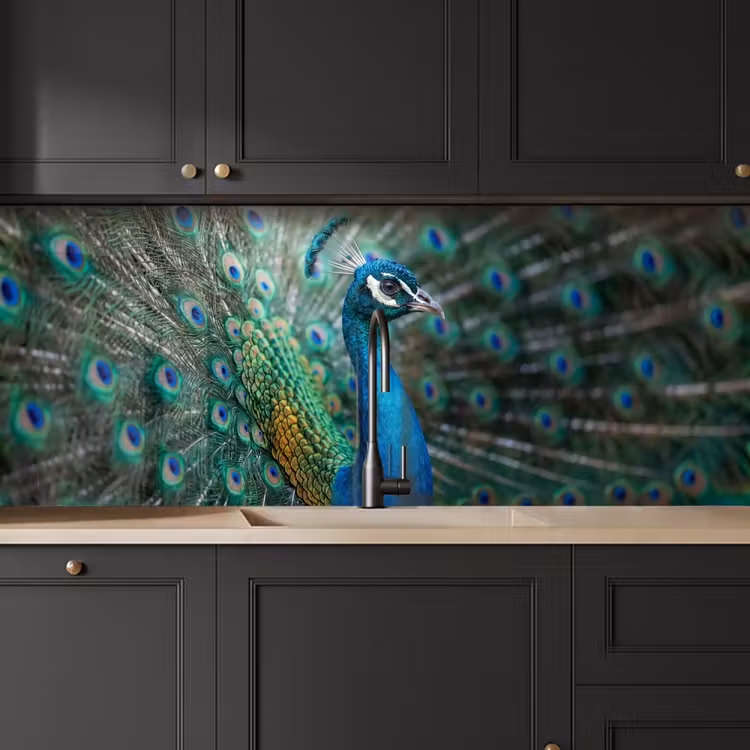 Pauw - Veren - Blauw keuken achterwand 2 middel -sfeer1