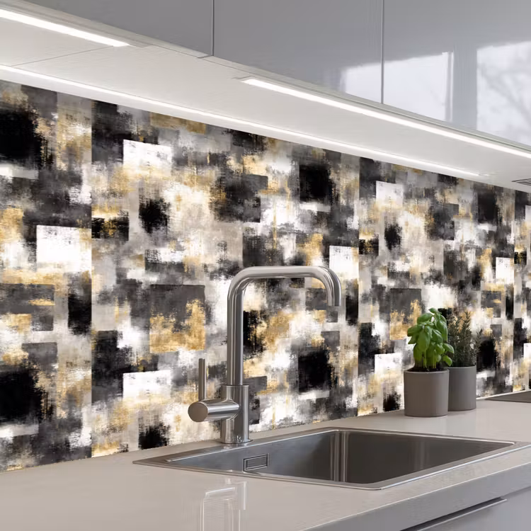 Penseelstrepen - Schaduwpatronen - Zwart - Goud keuken achterwand 2 middel 871 -3d_schuin