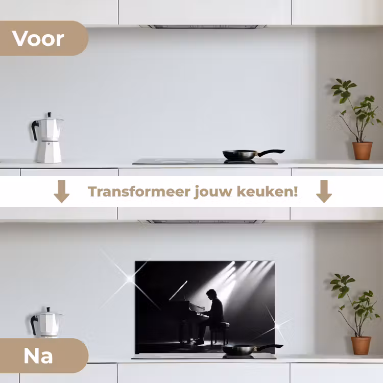 Persoon - Piano - Muziek - Zwart-wit - Podium keuken achterwand spatscherm klein -voor_na_NL