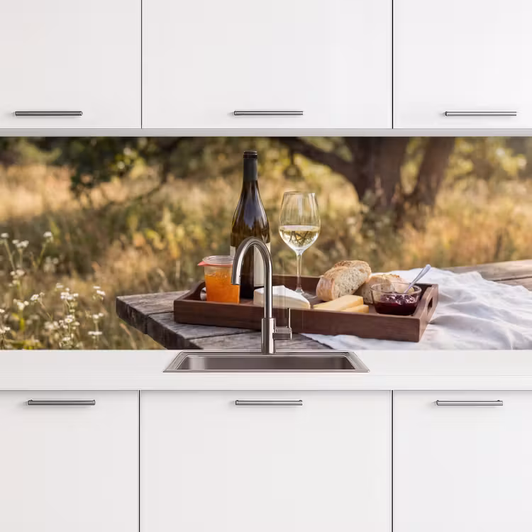 Picknick - Wijn - Kaasplankje keuken achterwand 2 middel -3d