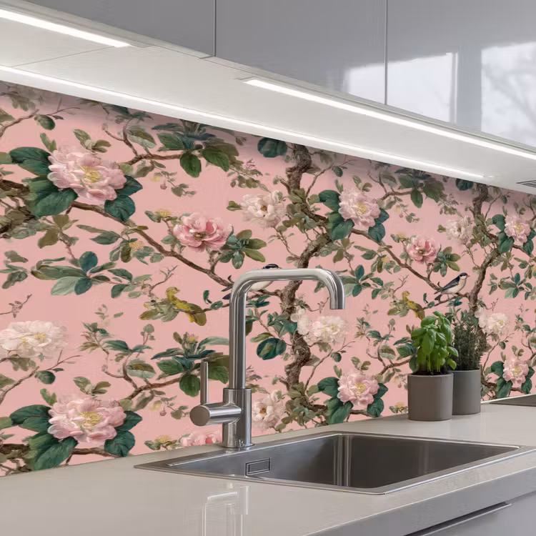 Pioenrozen - Botanisch - Vogel keuken achterwand 2 middel 871 -3d_schuin
