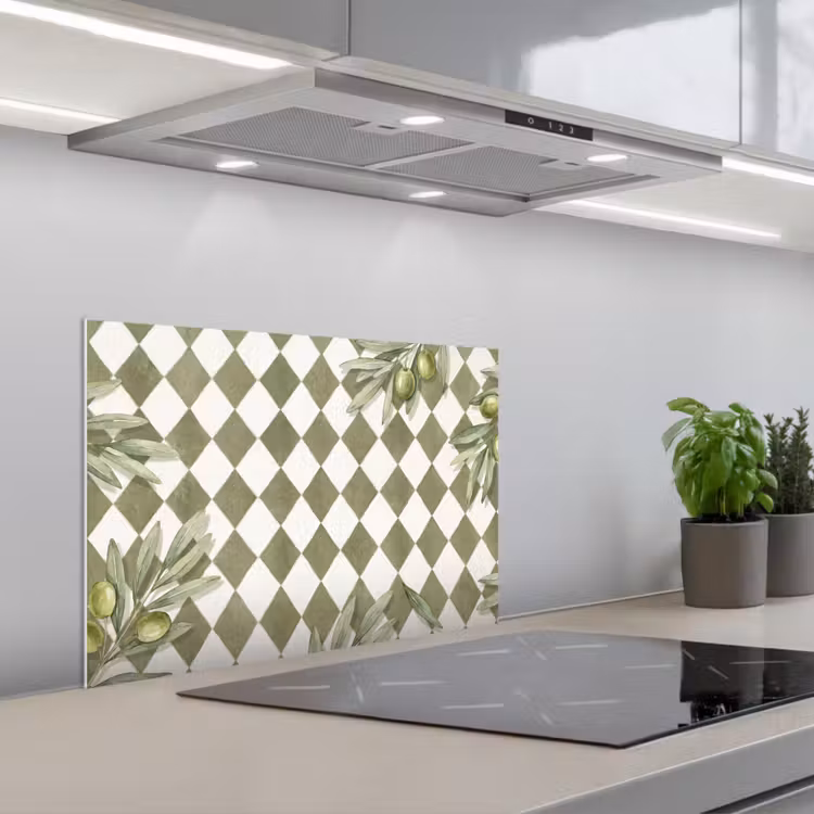 Plant - Olijftakken - Waterverf - Mediterraan - Groen keuken achterwand spatscherm klein -3d_schuin