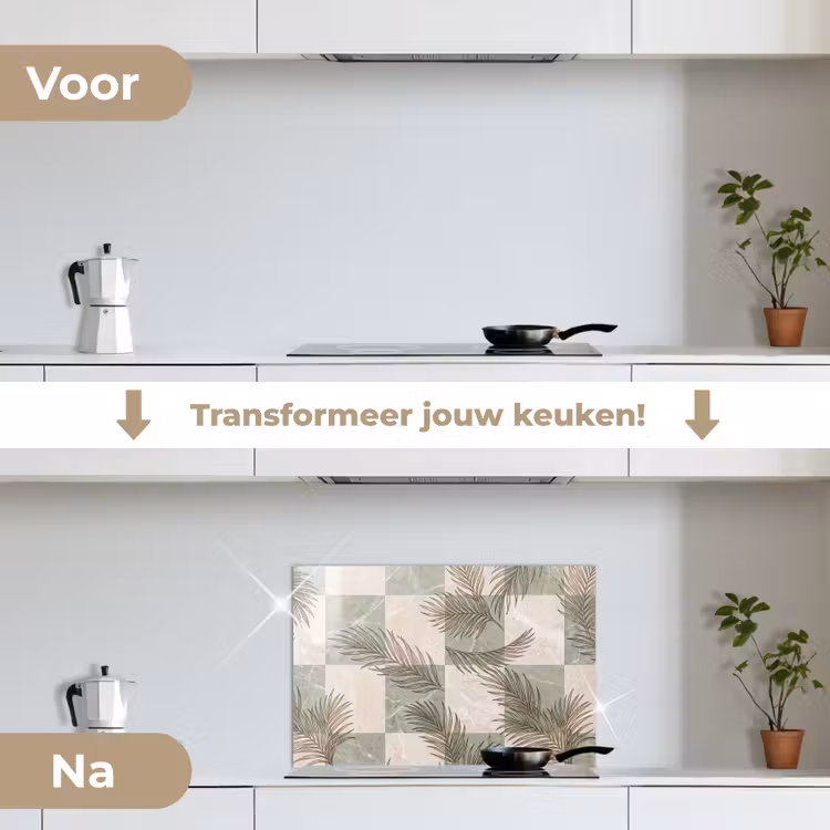 Planten - Bladeren - Marmer - Modern - Groen keuken achterwand spatscherm klein -voor_na_NL