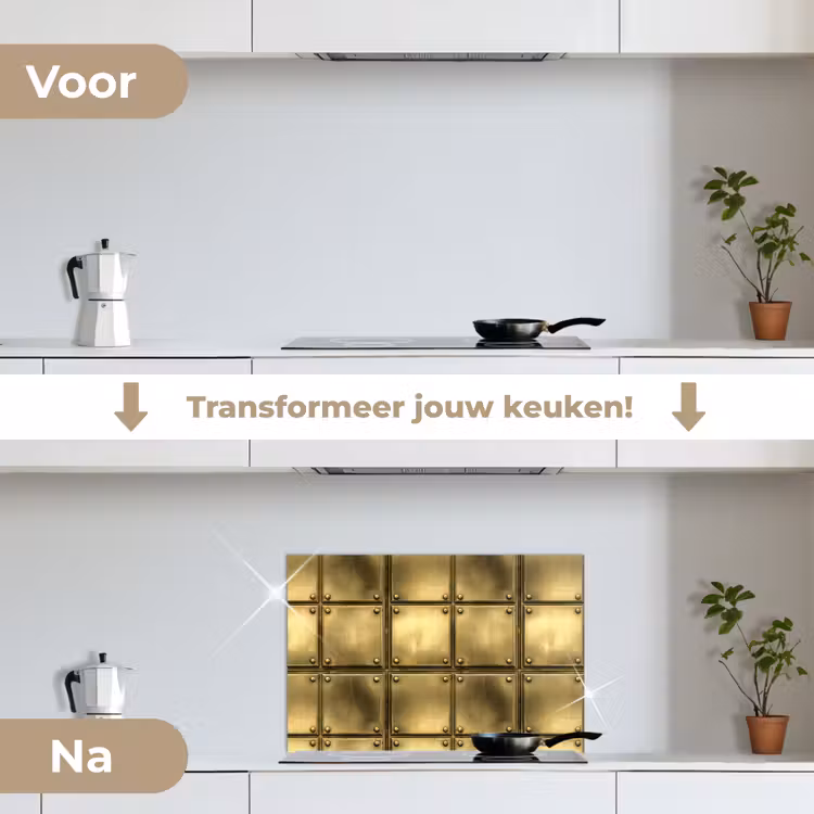 Platen - Industrieel - Stoer - Goud keuken achterwand spatscherm klein 900 -voor_na_NL