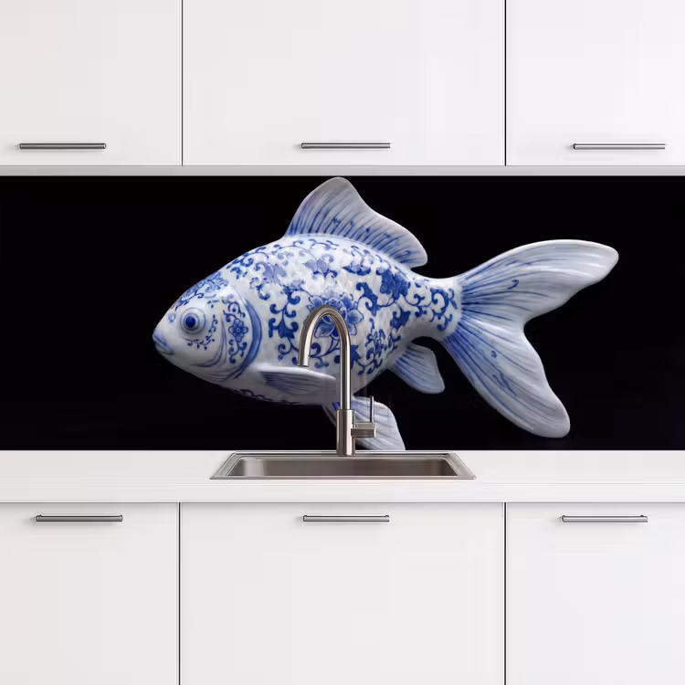 Porselein - Goudvis - Delfts - Blauw keuken achterwand 2 middel -3d