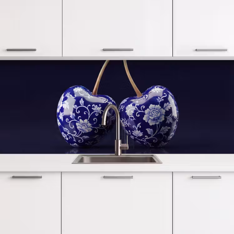 Porselein- Kersen - Delfts - Blauw keuken achterwand 2 middel -3d