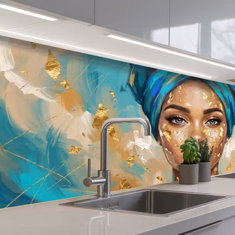 Portret - Vrouw - Schilderij - Blauw - Goud - Expressief keuken achterwand 2 middel -3d_schuin