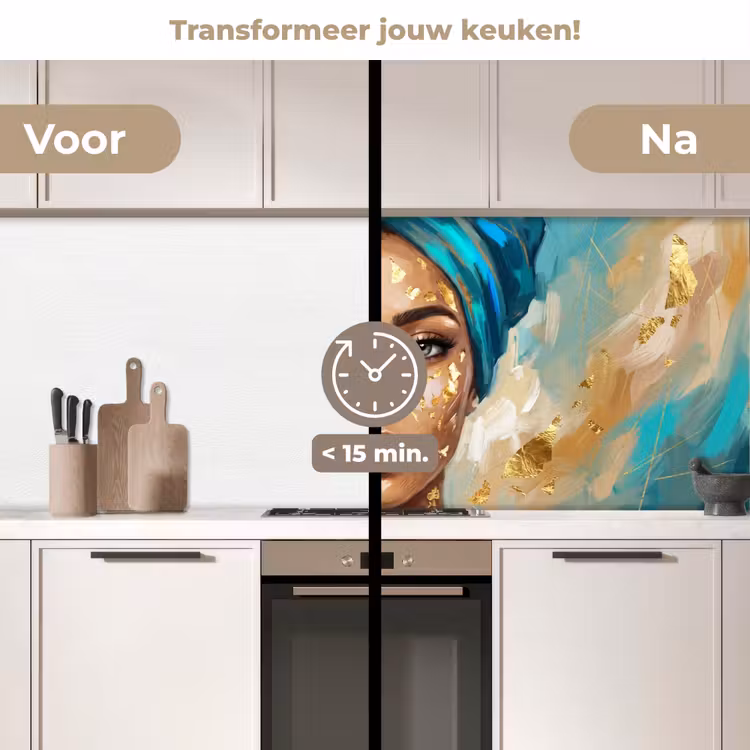 Portret - Vrouw - Schilderij - Blauw - Goud - Expressief keuken achterwand 2 middel -voor-na2_NL