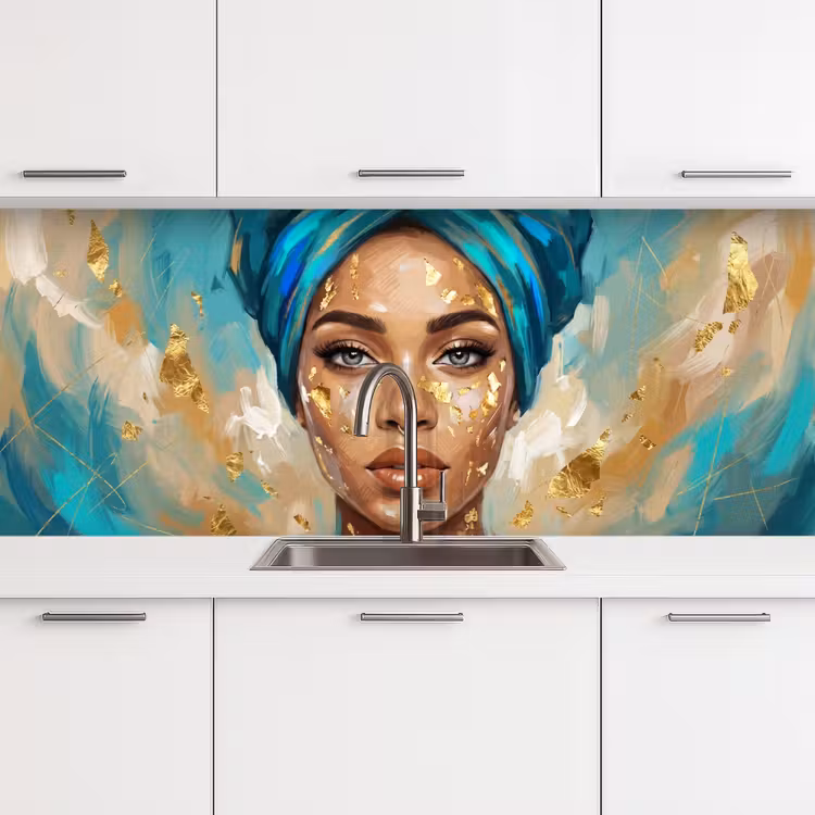 Portret - Vrouw - Schilderij - Blauw - Goud - Expressief keuken achterwand 2 middel -3d
