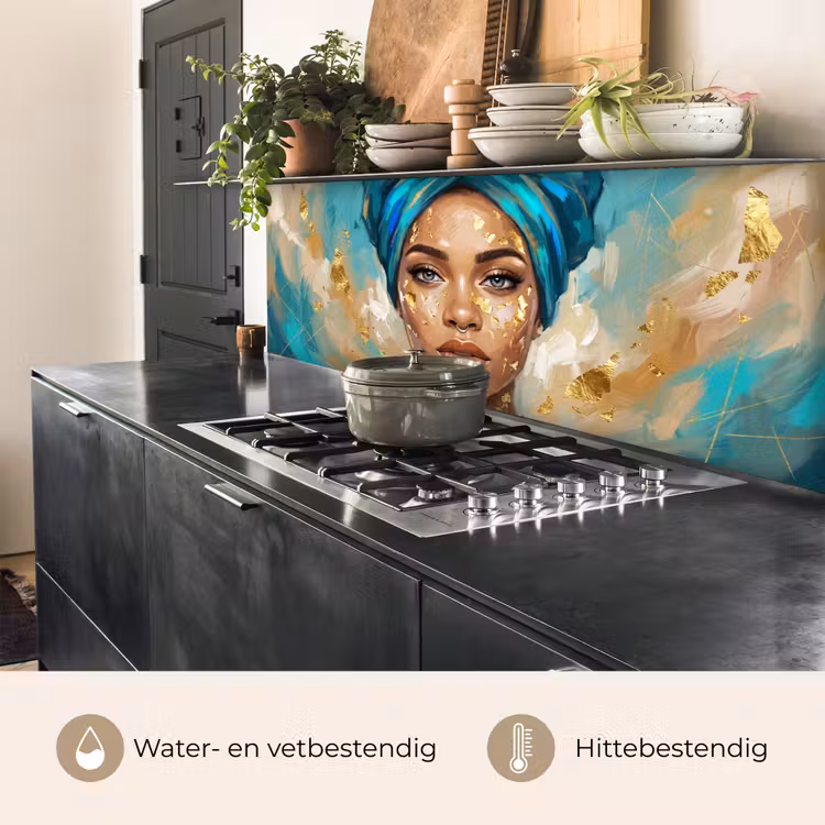 Portret - Vrouw - Schilderij - Blauw - Goud - Expressief keuken achterwand 2 middel -usp_NL