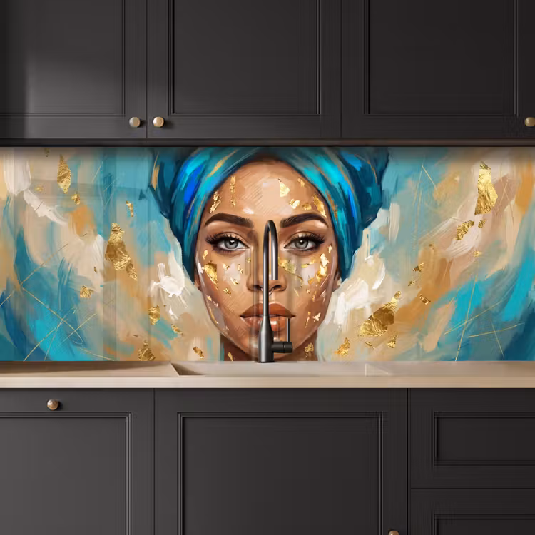 Portret - Vrouw - Schilderij - Blauw - Goud - Expressief keuken achterwand 2 middel -sfeer1