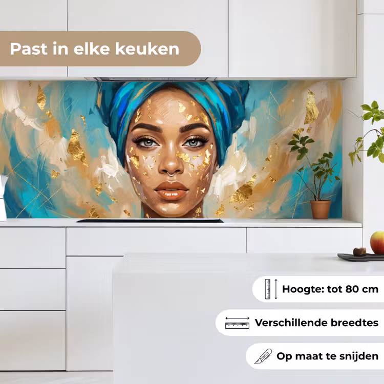 Portret - Vrouw - Schilderij - Blauw - Goud - Expressief keuken achterwand 2 middel -sfeer4_NL