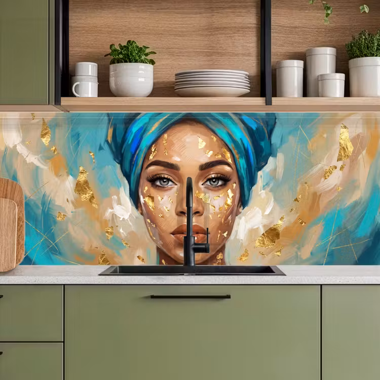Portret - Vrouw - Schilderij - Blauw - Goud - Expressief keuken achterwand 2 middel -sfeer3