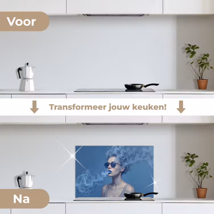 Portret - Zonnebril - Rook - Abstract - Blauw keuken achterwand spatscherm klein -voor_na_NL