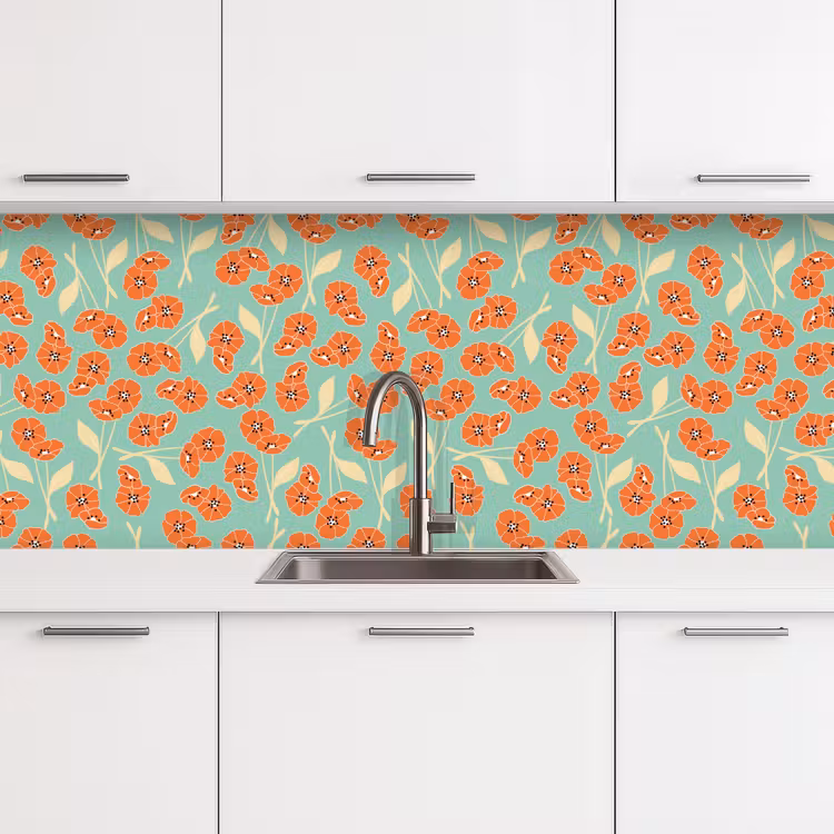 Retro - Bloemen - Design - Oranje keuken achterwand 2 middel 871 -3d