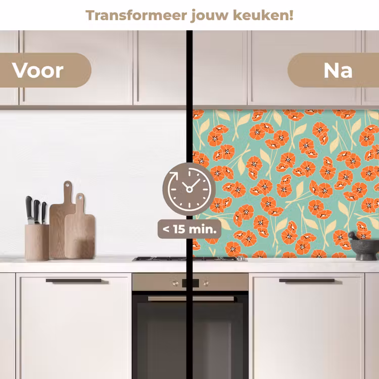 Retro - Bloemen - Design - Oranje keuken achterwand 2 middel 871 -voor-na2_NL