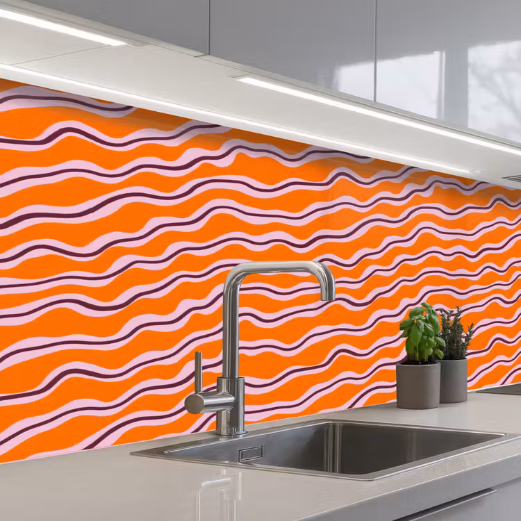 Retro - Golvend - Oranje keuken achterwand 2 middel 871 -3d_schuin
