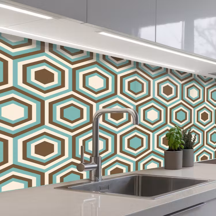 Retro - Honeycomb - Blauw - Bruin keuken achterwand 2 middel 871 -3d_schuin
