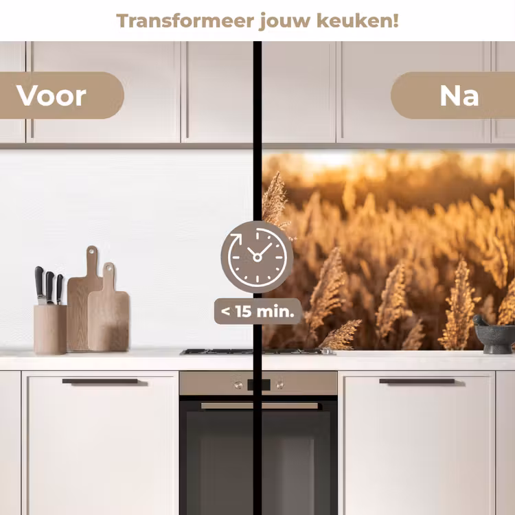 Rietpluimen - Gras - Zonsondergang - Goud - Serene keuken achterwand 2 middel -voor-na2_NL