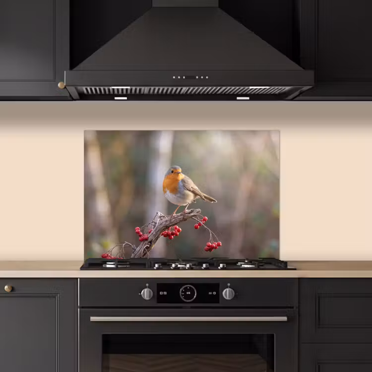 Roodborst - Tak - Bessen - Natuur keuken achterwand 2 middel -3d_schuin