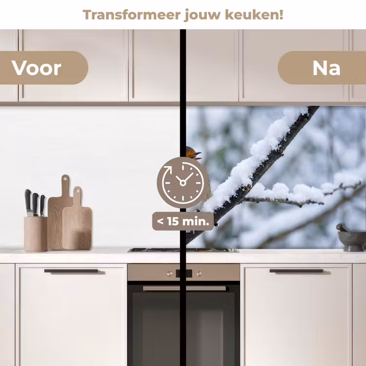 Roodborstje - Tak - Sneeuw - Winter - Levendig keuken achterwand 2 middel -voor-na2_NL