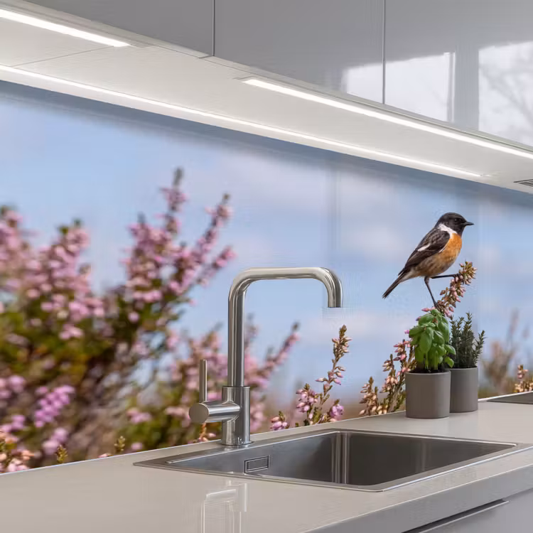 Roodborsttapuit - Heide - Paars - Natuur - Sfeervol keuken achterwand 2 middel -3d_schuin