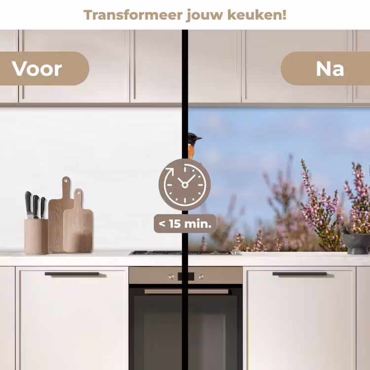 Roodborsttapuit - Heide - Paars - Natuur - Sfeervol keuken achterwand 2 middel -voor-na2_NL