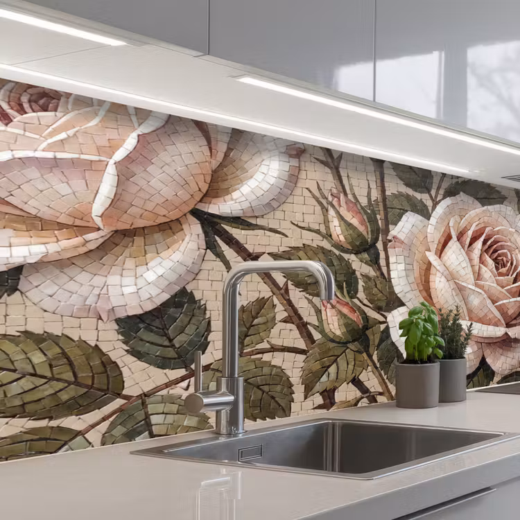 Roos - Mozaïek - Bloemen - Klassiek - Beige keuken achterwand 2 middel -3d_schuin