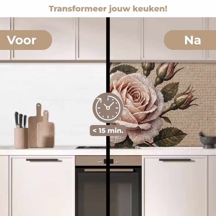 Roos - Mozaïek - Bloemen - Klassiek - Beige keuken achterwand 2 middel -voor-na2_NL