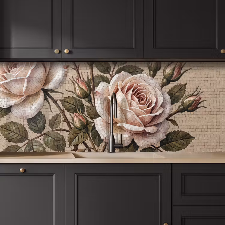Roos - Mozaïek - Bloemen - Klassiek - Beige keuken achterwand 2 middel -sfeer1