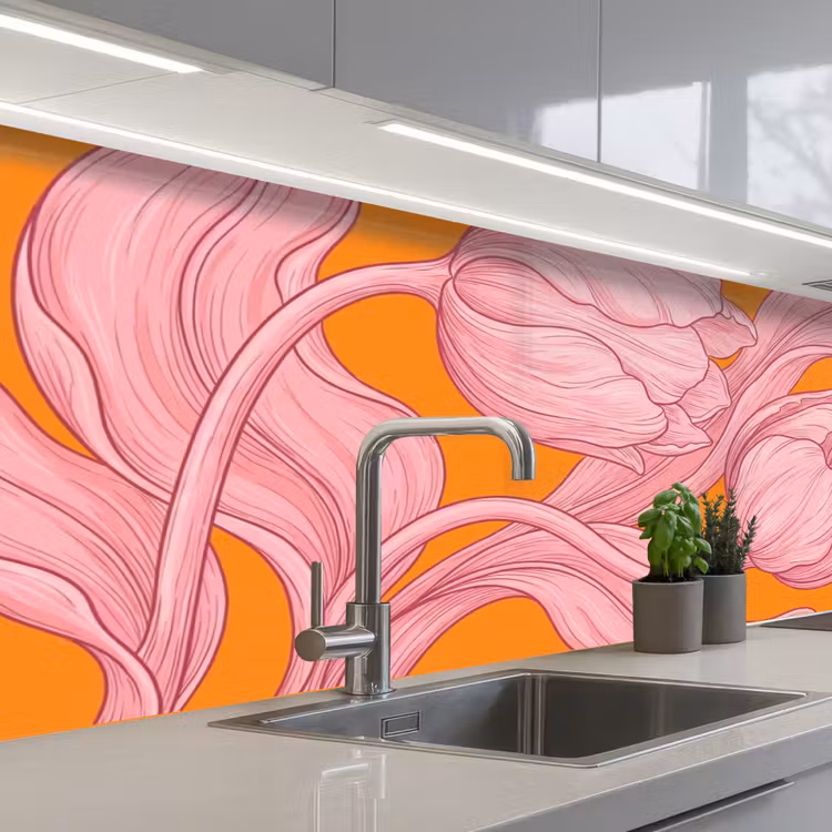 Keuken achterwand - Roze bloemen - Modern - Roze bloemen - Modern keuken achterwand 2 middel