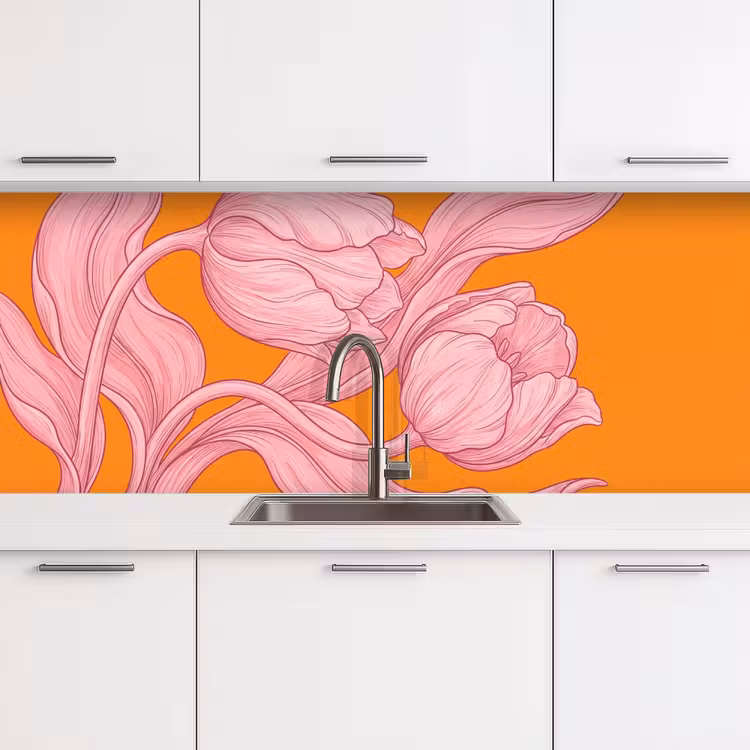 Keuken achterwand - Roze bloemen - Modern - Roze bloemen - Modern keuken achterwand 2 middel
