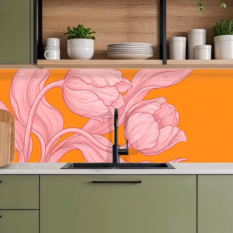Keuken achterwand - Roze bloemen - Modern - Roze bloemen - Modern keuken achterwand 2 middel