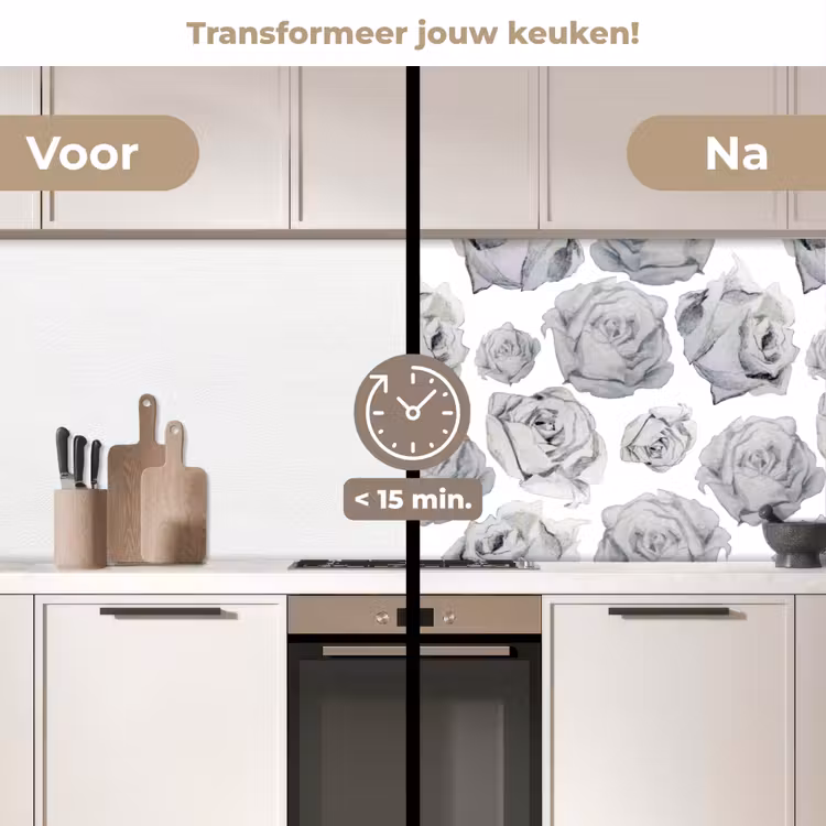 Rozen - Bloem - Zwart Wit - Patroon keuken achterwand 2 middel 871 -voor-na2_NL
